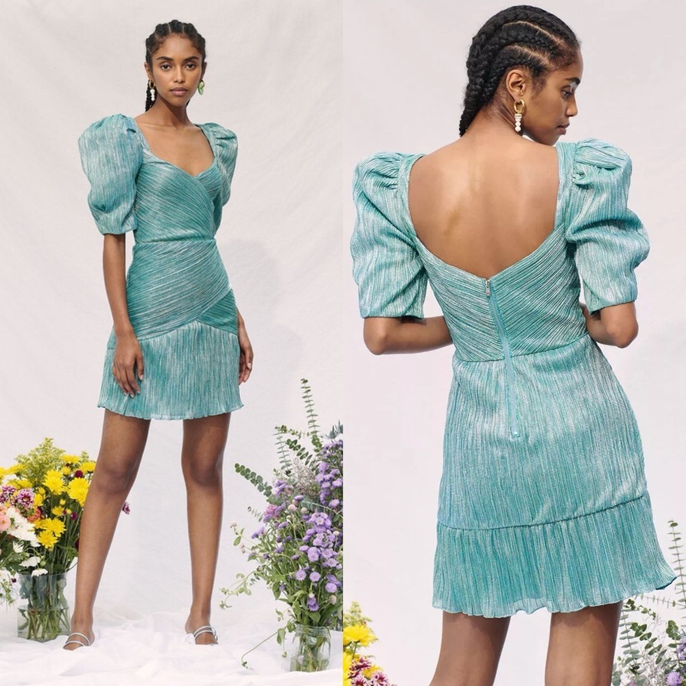 Saylor Nyah Metallic Puff Sleeve Mini Dress M Jade Pleat Surplice